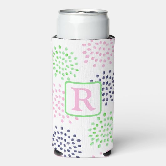 Flower Pattern Waterverf Monogram Roze Navy Groen Seltzer Blikjeskoeler (Seltzer Voorkant)
