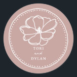 Flower Pink Wedding Ronde Sticker<br><div class="desc">Witte lijn kunst bloem illustratie met witte tekst en met de hand getekende rand over roze achtergrond.</div>