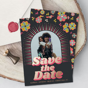 Flower Power 70's Retro Groovy Foto Save The Date Folie Uitnodiging