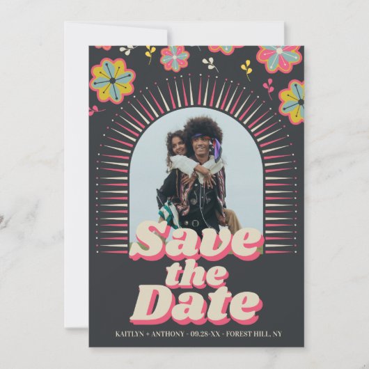 Flower Power 70's Retro Groovy Photo Wedding Save The Date (Voorkant)