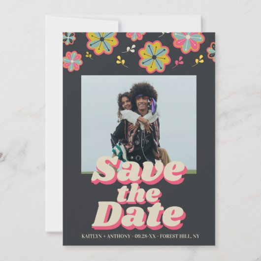 Flower Power 70's Retro Groovy Photo Wedding Save The Date (Voorkant)