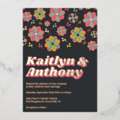 Flower Power 70's Retro Groovy Wedding Real Folie Uitnodiging (Voorkant)