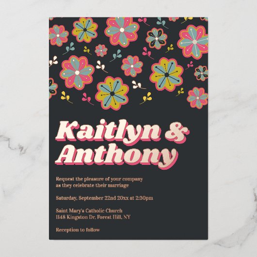 Flower Power 70's Retro Groovy Wedding Real Folie Uitnodiging (Voorkant)