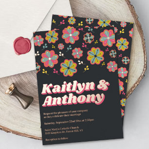 Flower Power 70's Retro Hippische Trouwkaart Echt Folie Uitnodiging