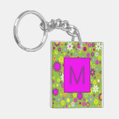 Flower Power Bright Green and Pink Monogrammed Sleutelhanger (Voorkant Links)