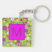 Flower Power Bright Green and Pink Monogrammed Sleutelhanger (Achterkant)