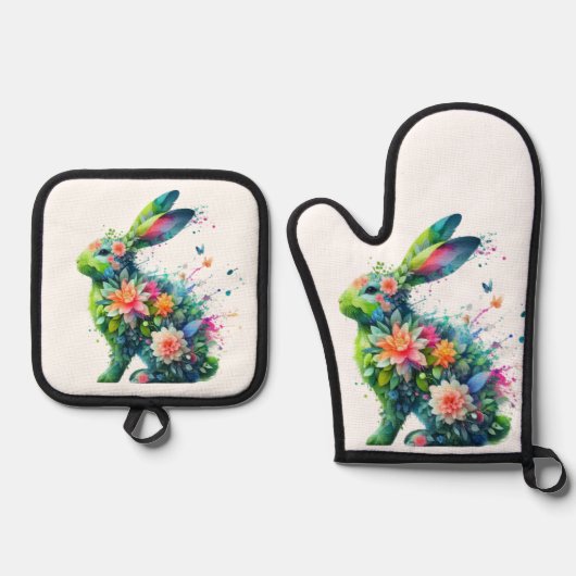 Flower Power Bunny Rabbit Ovenwant & Pannenlap Set (Voorkant)