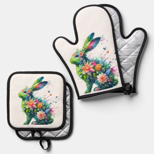 Flower Power Bunny Rabbit Ovenwant & Pannenlap Set (Voorkant / Achterkant)