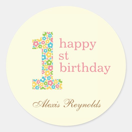 Flower Power First Birthday Favor Sticker - Roze (Voorkant)