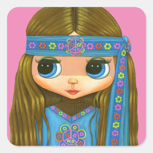 Flower Power Hippie Chick Headband Big Eyes Cute Vierkante Sticker (Voorkant)