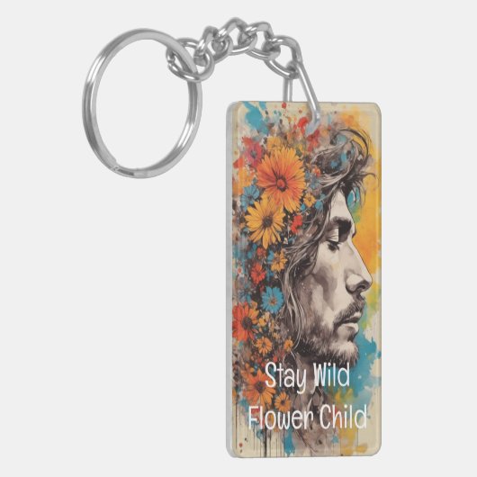 Flower Power Retro Mannelijk Portret Acryl Sleutel Sleutelhanger (Voorkant Links)