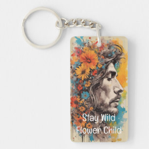 Flower Power Retro Mannelijk Portret Acryl Sleutel Sleutelhanger
