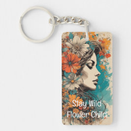 Flower Power Retro Vrouw Portret Acryl Sleutelhang Sleutelhanger