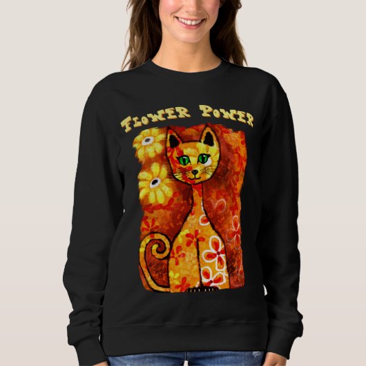 Flower Power Retro Whimsical Cat Kat Sinaasappel R Trui (Voorkant)