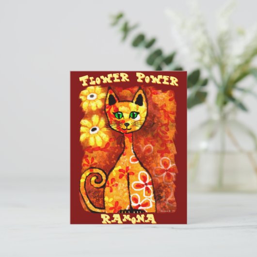 Flower Power Retro Whimsical Cat Personalized Briefkaart (Staand voorkant)