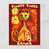 Flower Power Retro Whimsical Cat Personalized Briefkaart (Voorkant)