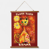 Flower Power Retro Whimsical Cat Personalized Hangend Wandkleed (Voorkant)