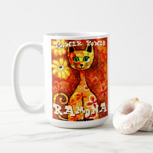Flower Power Retro Whimsical Cat Personalized Koffiemok (Met donut)