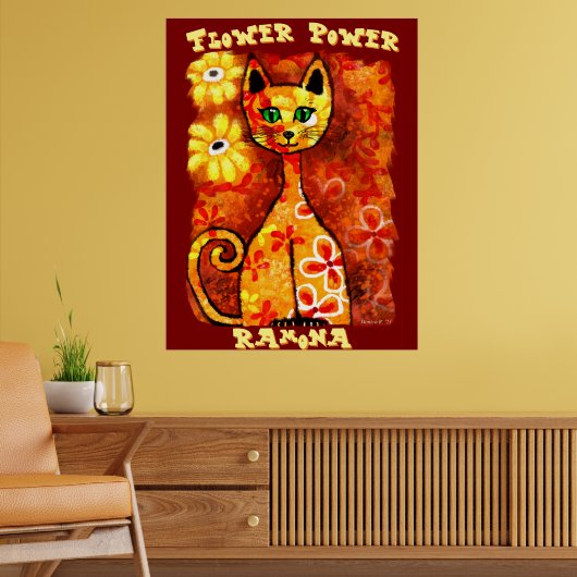 Flower Power Retro Whimsical Cat Personalized Poster (Woonkamer 2)