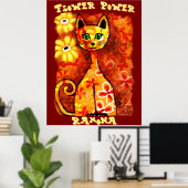 Flower Power Retro Whimsical Cat Personalized Poster (Thuiskantoor)