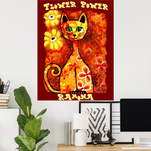 Flower Power Retro Whimsical Cat Personalized Poster (Thuiskantoor)
