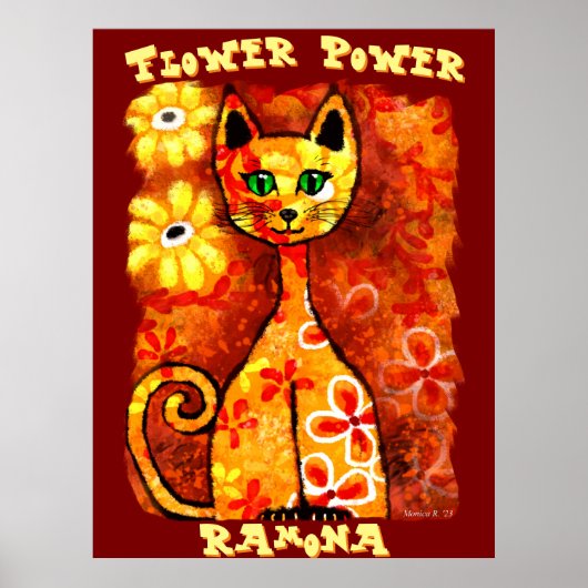 Flower Power Retro Whimsical Cat Personalized Poster (Voorkant)