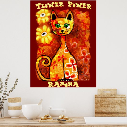 Flower Power Retro Whimsical Cat Personalized Poster (Keuken)