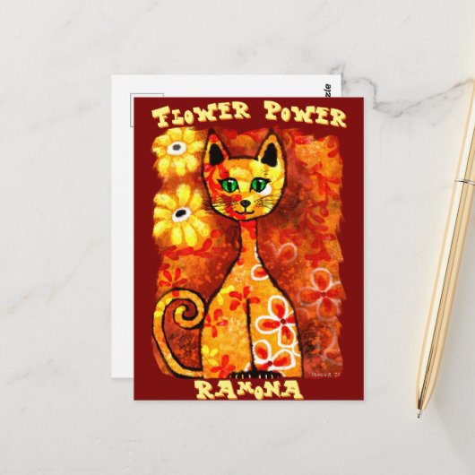 Flower Power Retro Whimsical Kat Persoonlijk Briefkaart (Voorkant / Achterkant in situ)