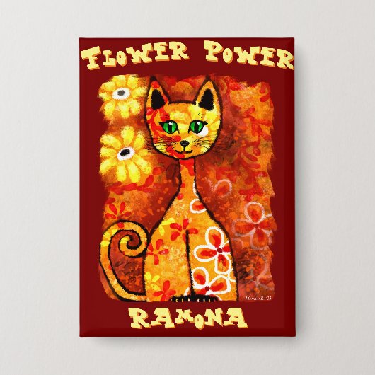 Flower Power Retro Whimsical Kat Persoonlijk Button (Voorkant)