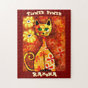Flower Power Retro Whimsical Persoonlijke Kat Legpuzzel