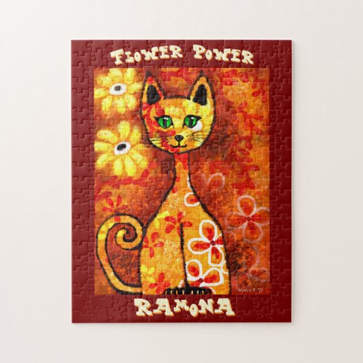 Flower Power Retro Whimsical Persoonlijke Kat Legpuzzel (Verticaal)