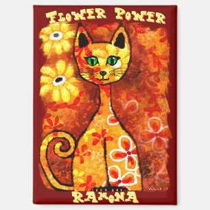 Flower Power Retro Whimsical Persoonlijke Kat Magneet