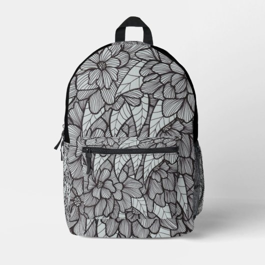 Flower Print Backpack With White Gray Black Art Bedrukte Rugzak (Voorkant)