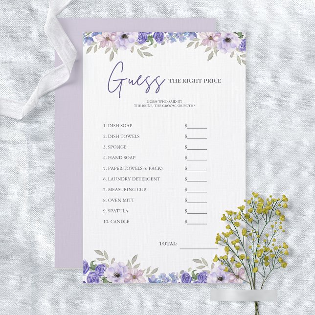 Flower Raad de prijs Vrijgezellenfeest Game Kaart (Flower Guess the Price Bridal Shower Game Card)