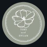 Flower Sage Green Wedding Ronde Sticker<br><div class="desc">Witte lijn kunst bloem illustratie met witte tekst en met de hand getekende rand over Sage Green achtergrond.</div>