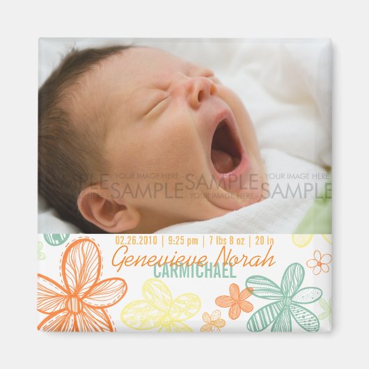 Flower Scribbles Multi · Baby aankondiging Magneet (Voorkant)