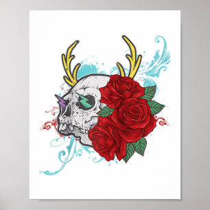 Flower Skull and Roos Tattoo Art Graphic Floral Go Poster