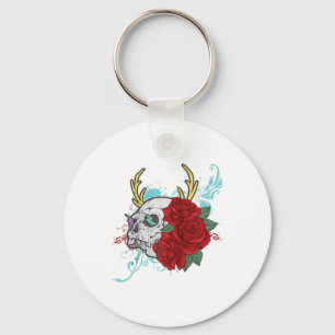 Flower Skull and Roos Tattoo Art Graphic Floral Go Sleutelhanger