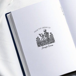 Flower Skull Reading Bookplate Rubberstempel