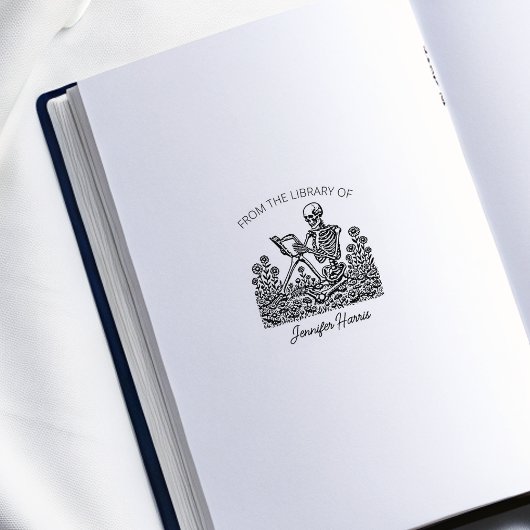 Flower Skull Reading Bookplate Rubberstempel