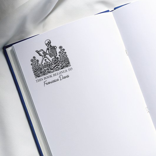 Flower Skull Reading Bookplate Rubberstempel