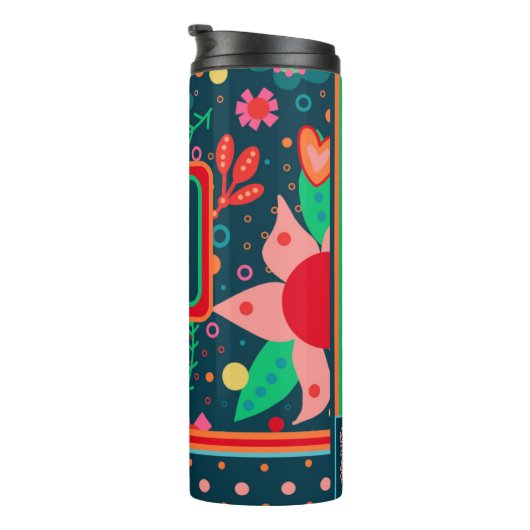 Flower Stripe Kleurrijke Teacher Initiaal Custom Thermosbeker (Geroteerd rechts)