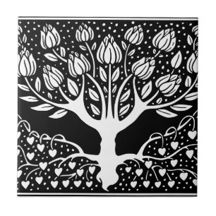 Flower Tree Black & White Beardsley Hearts Tegeltje