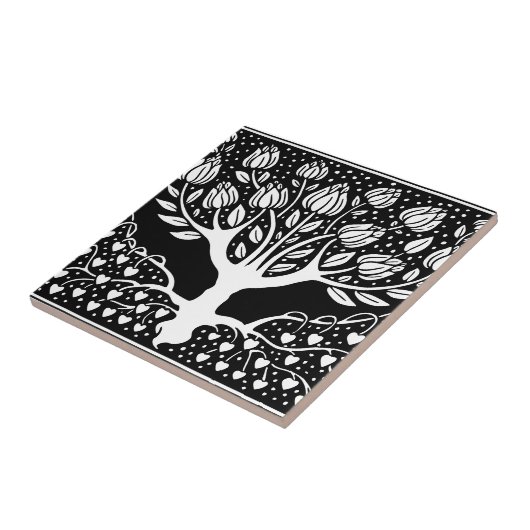 Flower Tree Black & White Beardsley Hearts Tegeltje (Zijkant)