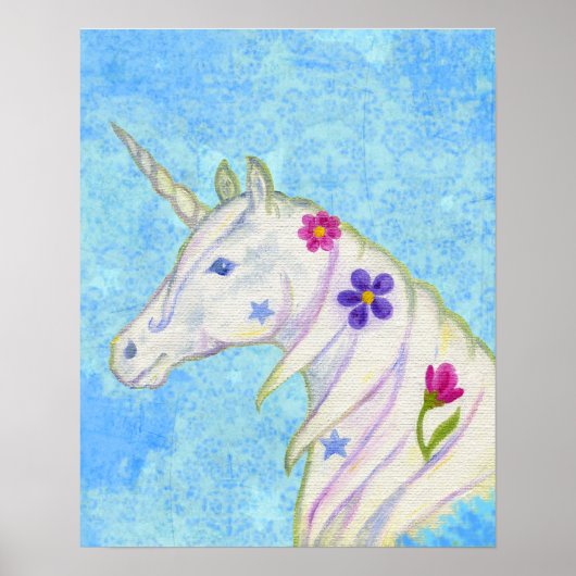 Flower Unicorn on Blue art print (Voorkant)