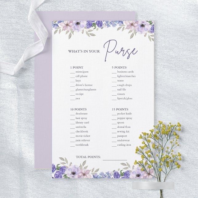 Flower Wat zit er in je tas Vrijgezellenfeest spel (Flower What's In Your Purse Bridal Shower Game)