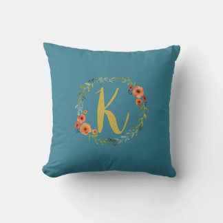 Flower Wreath Gold Monogram Initiaal K Kussen Blau