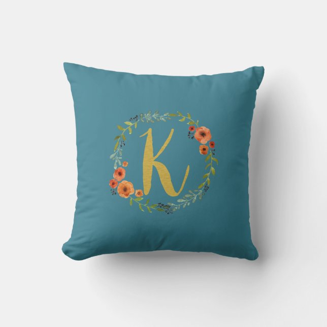 Flower Wreath Gold Monogram Initiaal K Kussen Blau (Voorkant)