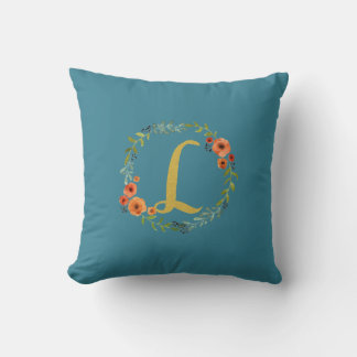 Flower Wreath Gold Monogram Initiaal L Kussen Blau