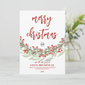 Flower Wreath Script Merry Christmas Business Logo Feestdagenkaart (Staand voorkant)